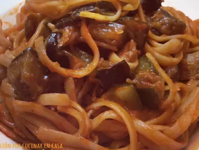 Receta Espaguetis con berenjena, calabacín y champiñón