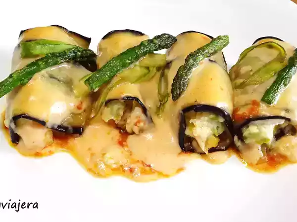 Receta Canelones de berenjena con langostinos y trigueros