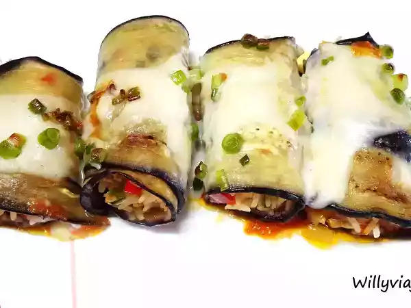 Receta Canelones de berenjena rellenos de arroz y bonito