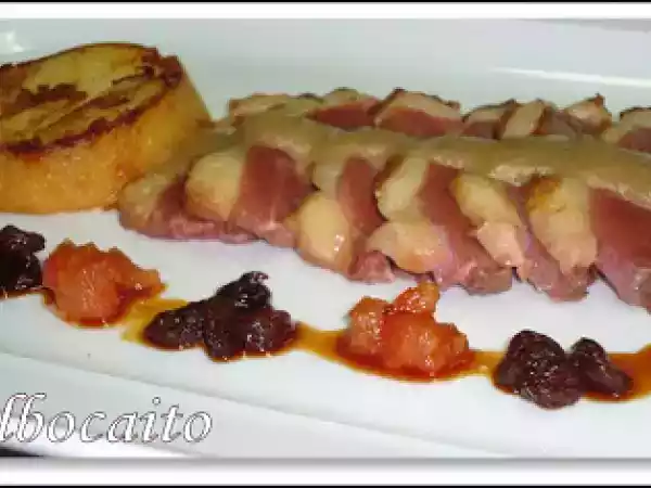 Receta Magret de pato al calvados, con uvas pasas y tomate concassé. (emilio almagro)