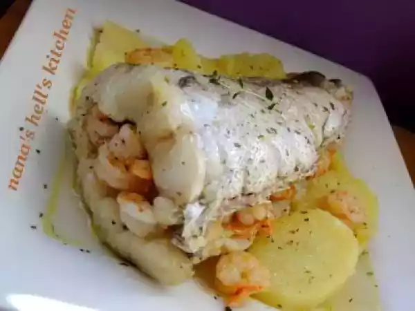 Receta Cola de merluza rellena de gambas
