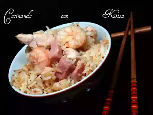 Receta Arroz frito con pollo y gambas agridulce(fussioncook)
