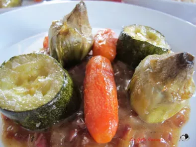 Receta Verduras confitadas con salsa de jamon y datiles