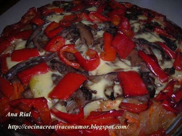 Pastel de verduras y setas con queso Edam gratinado - Preparación paso 5