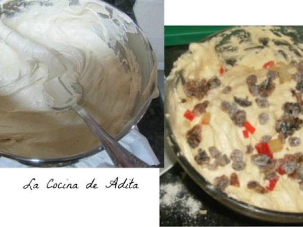 Conos rellenos de bizcochos, con frutas escarchadas, pasas, y glaseados - Preparación paso 4