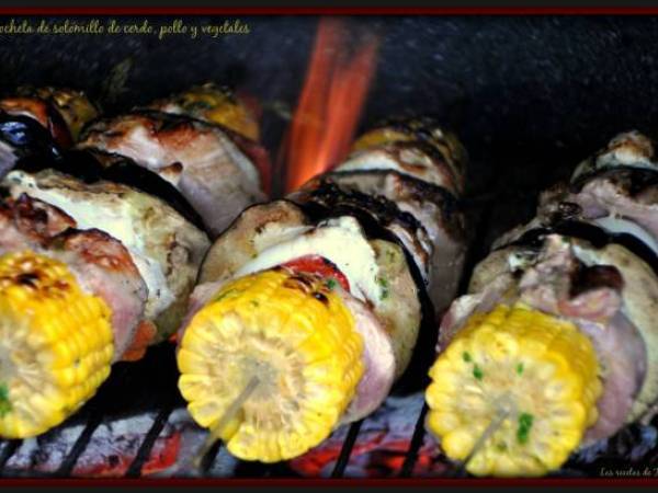 Brocheta de solomillo de cerdo, pollo y vegetales. - Preparación paso 1