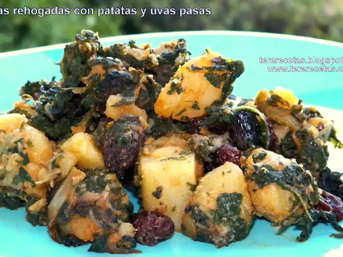 Acelgas rehogadas con patatas y uvas pasas.