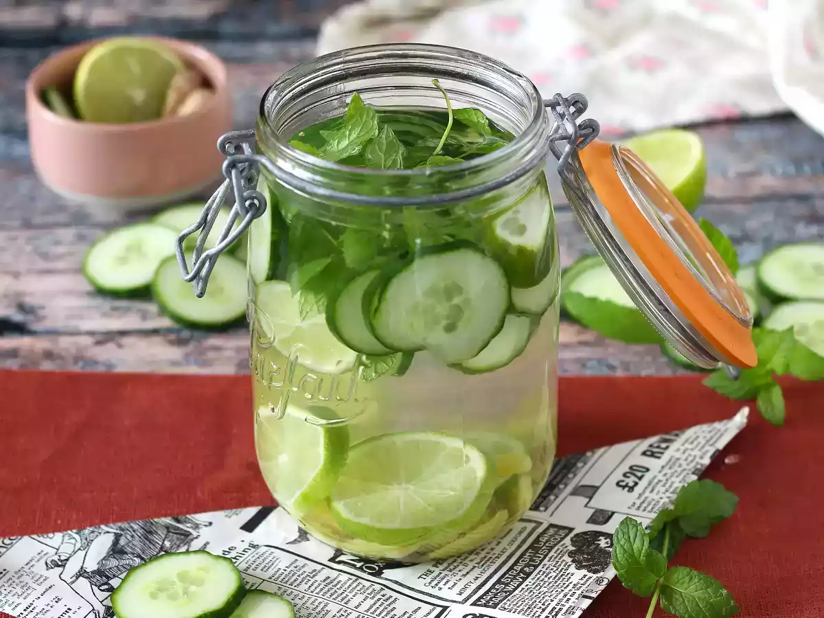 Agua aromatizada casera con pepino, lima, menta y jengibre - foto 3