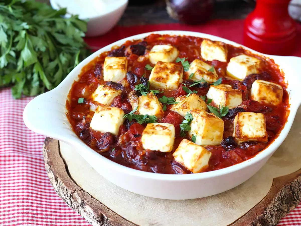 Alubias rojas con salsa de tomate, pimentón ahumado y queso feta al horno