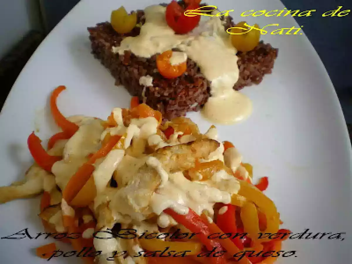 ARROZ BICOLOR CON VERDURAS, POLLO Y SALSA DE QUESO. - foto 2