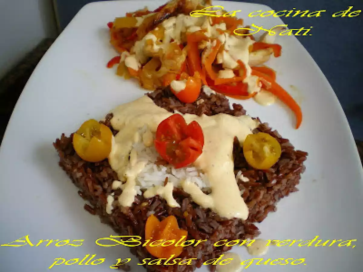 ARROZ BICOLOR CON VERDURAS, POLLO Y SALSA DE QUESO. - foto 4