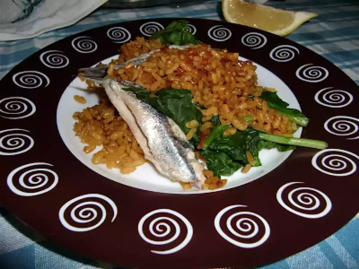 Arroz con boquerones y espinacas
