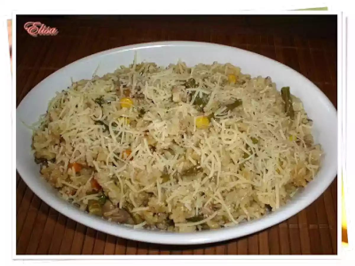 Arroz con espárragos, champiñón y maíz