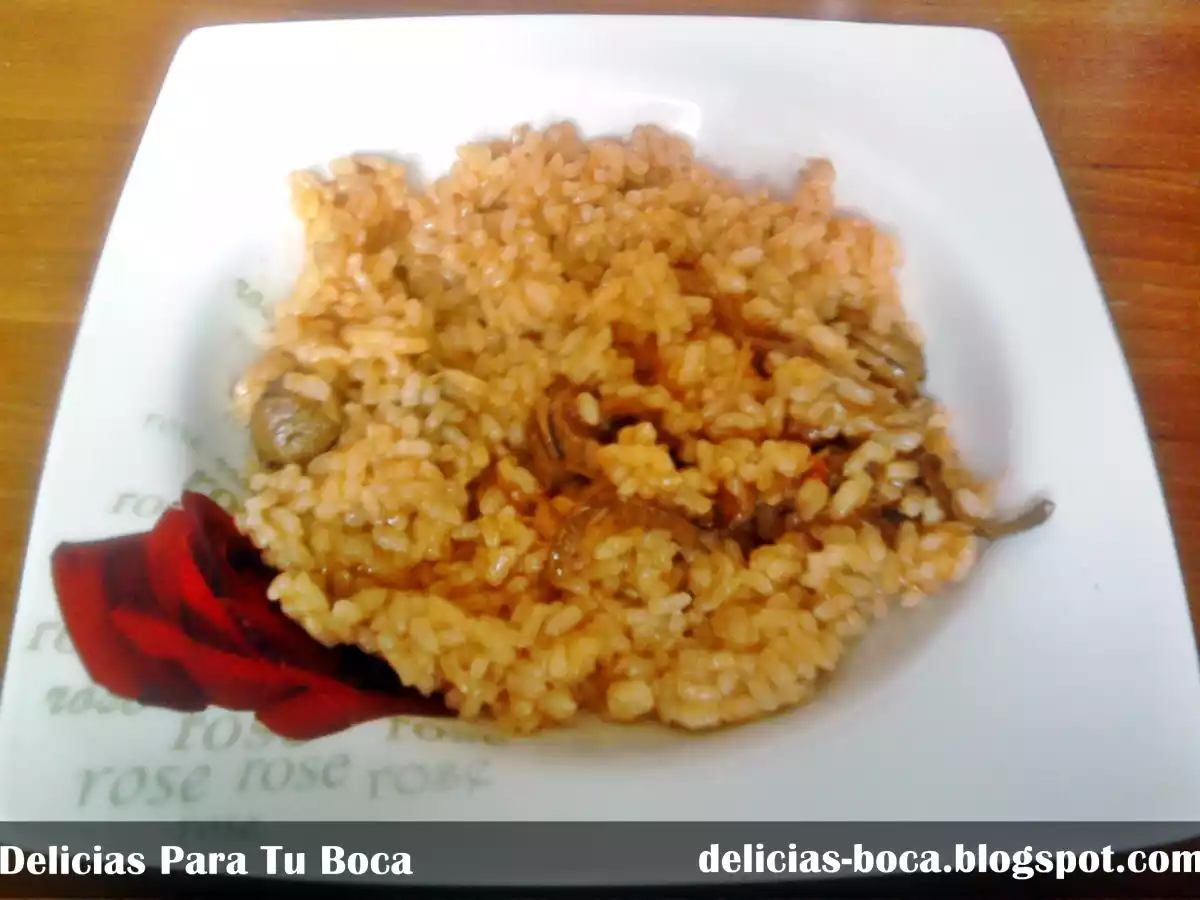 Arroz con salsa de vieiras y zamburiñas al wok