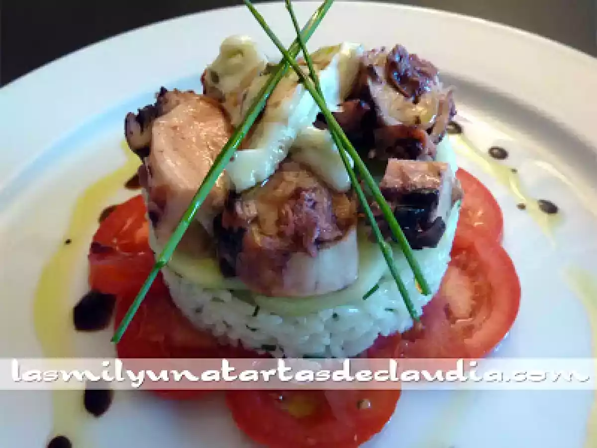 Arroz en ensalada con pulpo y gorgonzola