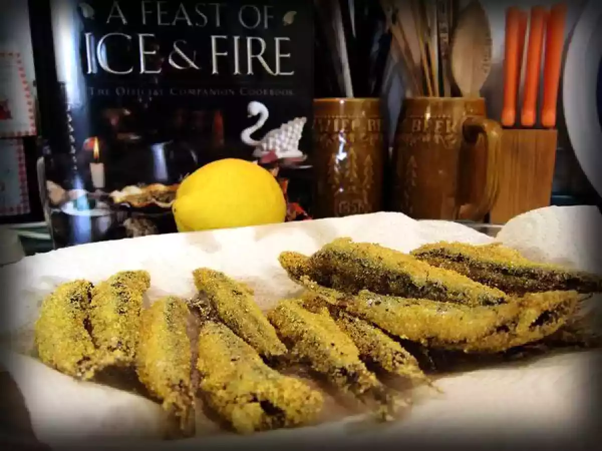 Boquerones fritos rebozados en polenta
