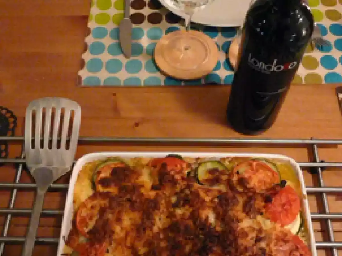 Calabacines gratinados con queso de cabra y Londoño Crianza 2006