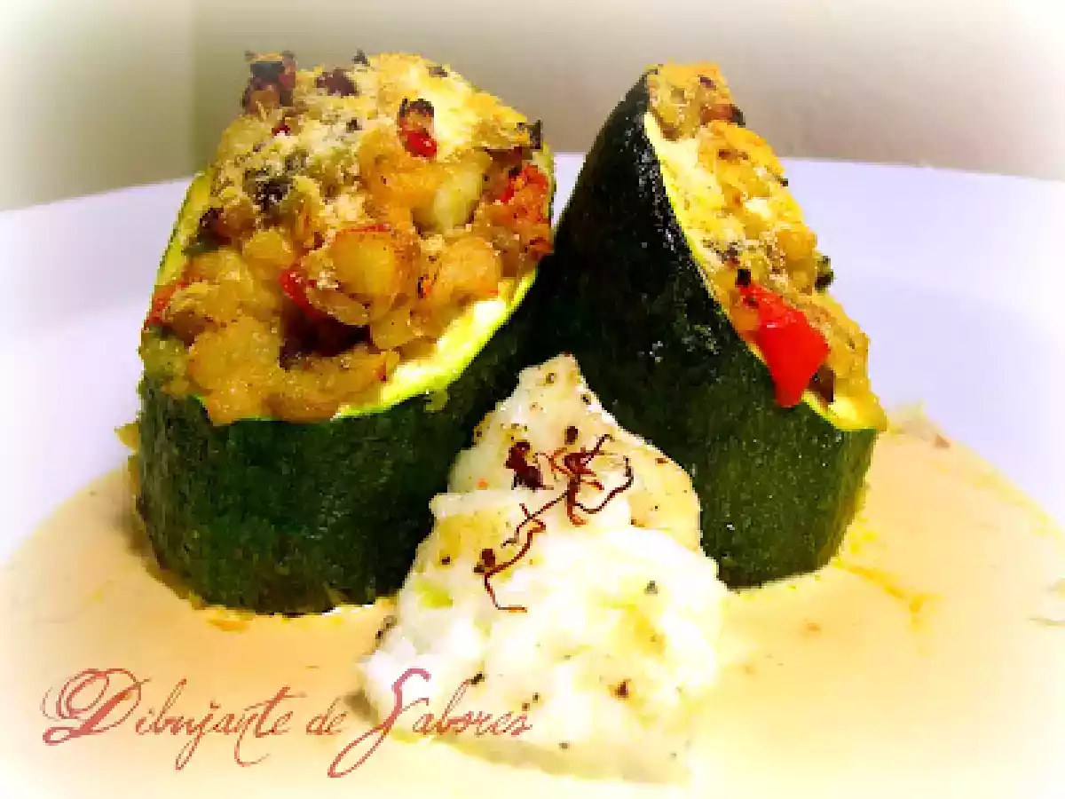 Calabacines rellenos de bacalao y gambas con salsa de azafrán
