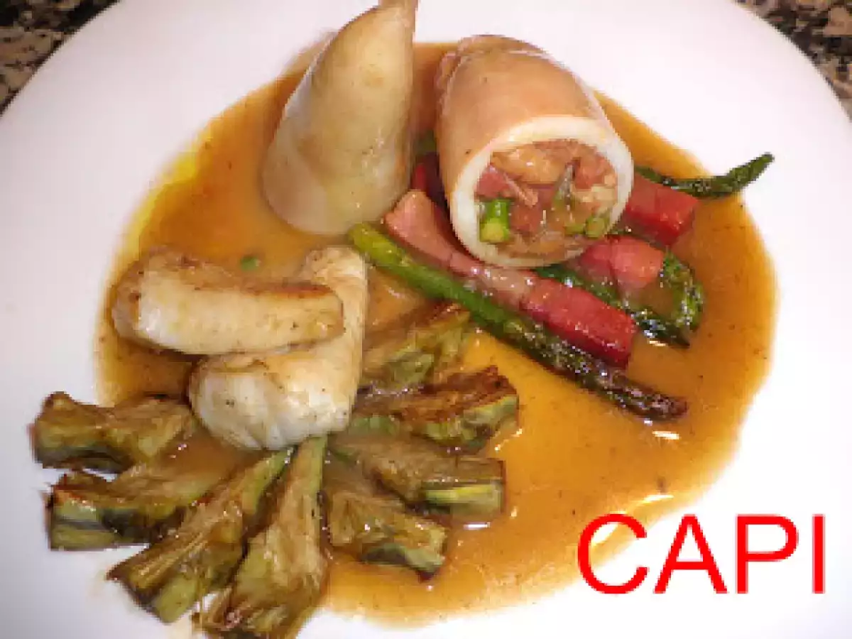 CALAMAR RELLENO Y RAPE CON ALCACHOFAS.