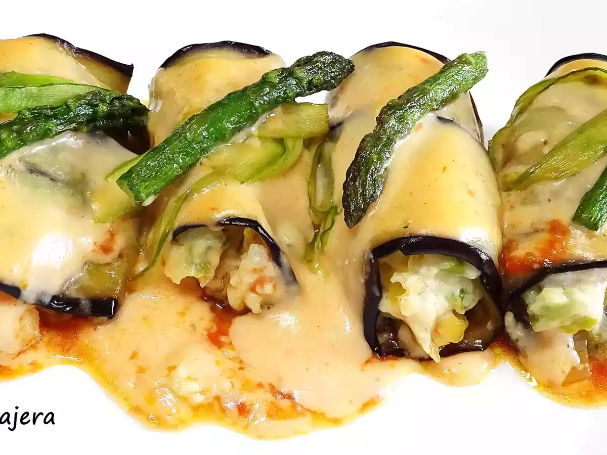 Canelones de berenjena con langostinos y trigueros - foto 2