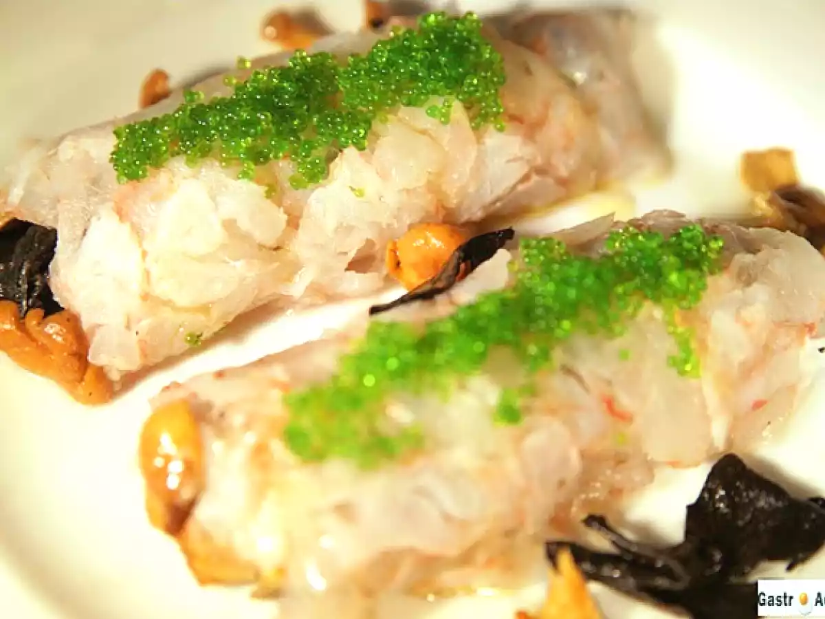 CANELONES DE GAMBAS RELLENOS DE SETAS Y FOIE