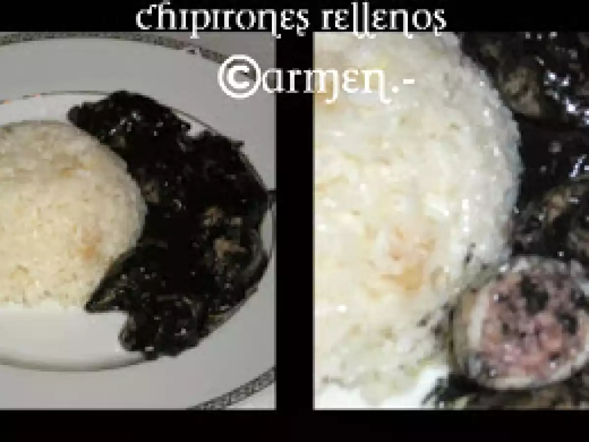 Chipirones rellenos y arroz blanco.