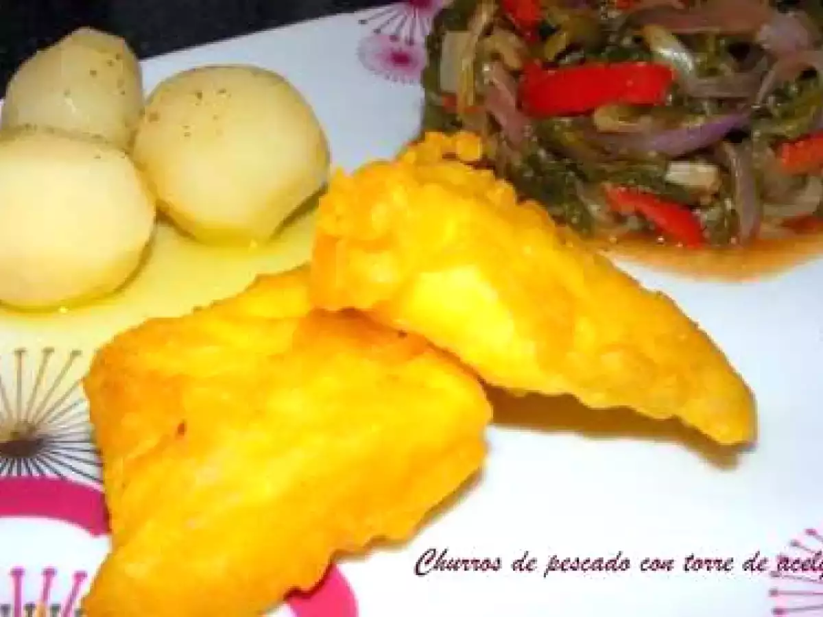 Churros de pescado con torre de acelgas