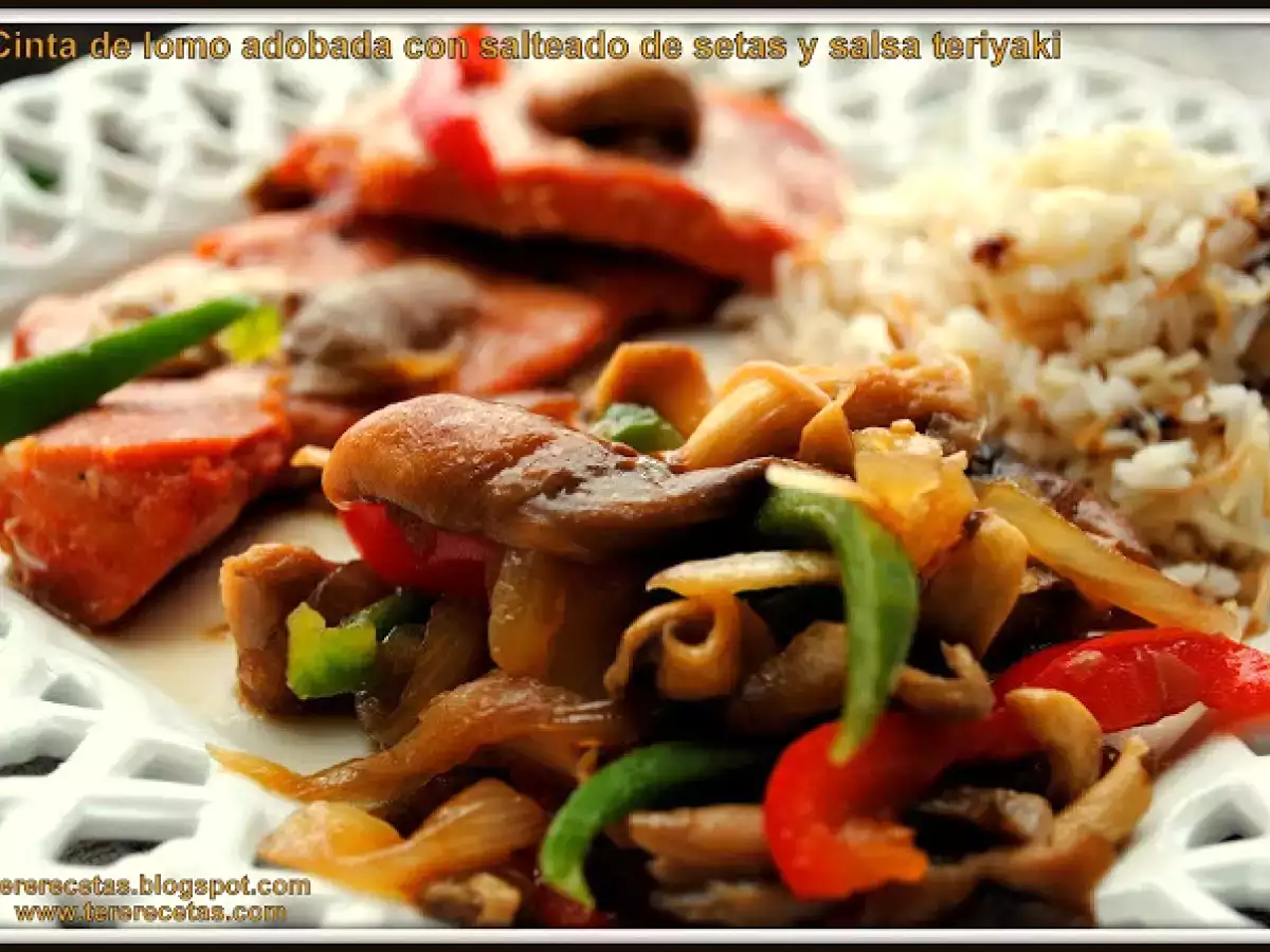 Cinta de lomo adobada con salteado de setas y salsa teriyaki. - foto 2