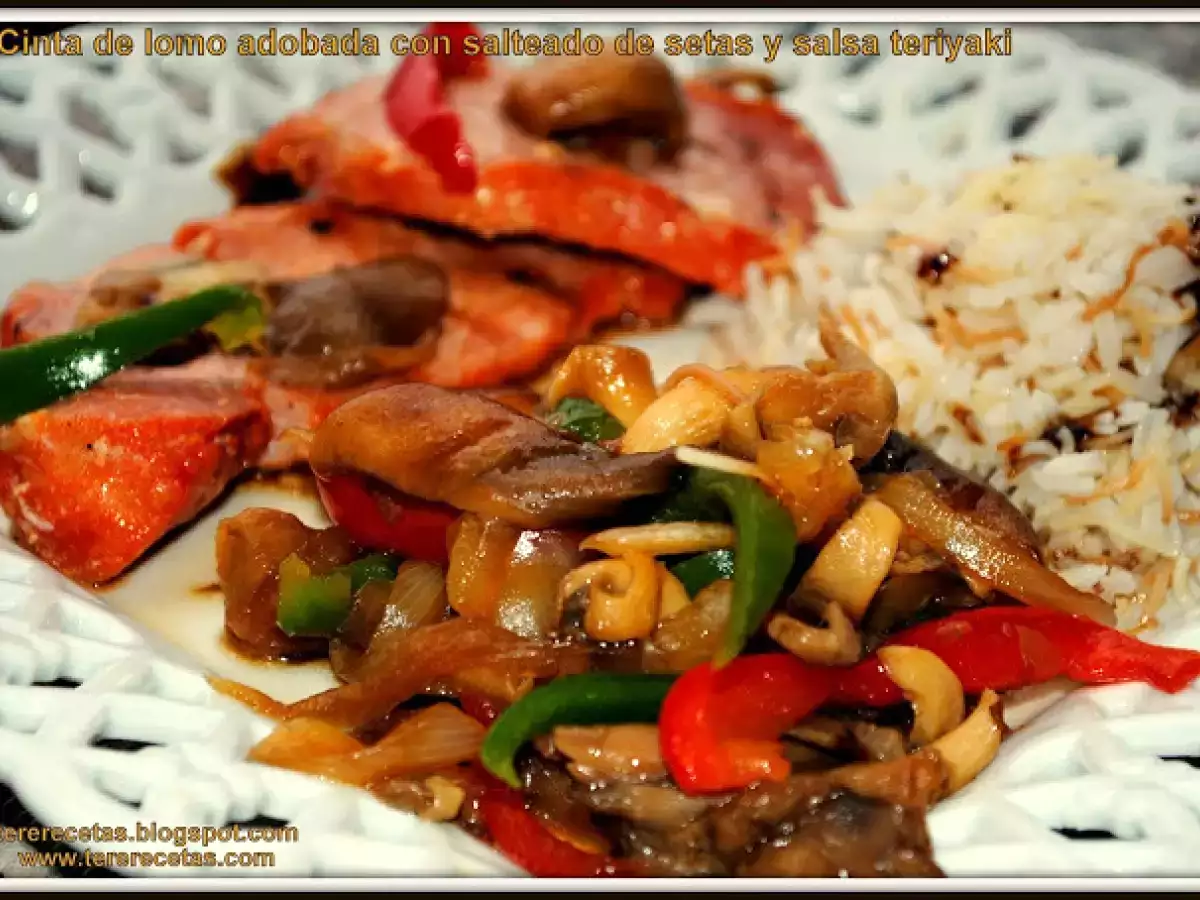 Cinta de lomo adobada con salteado de setas y salsa teriyaki. - foto 3