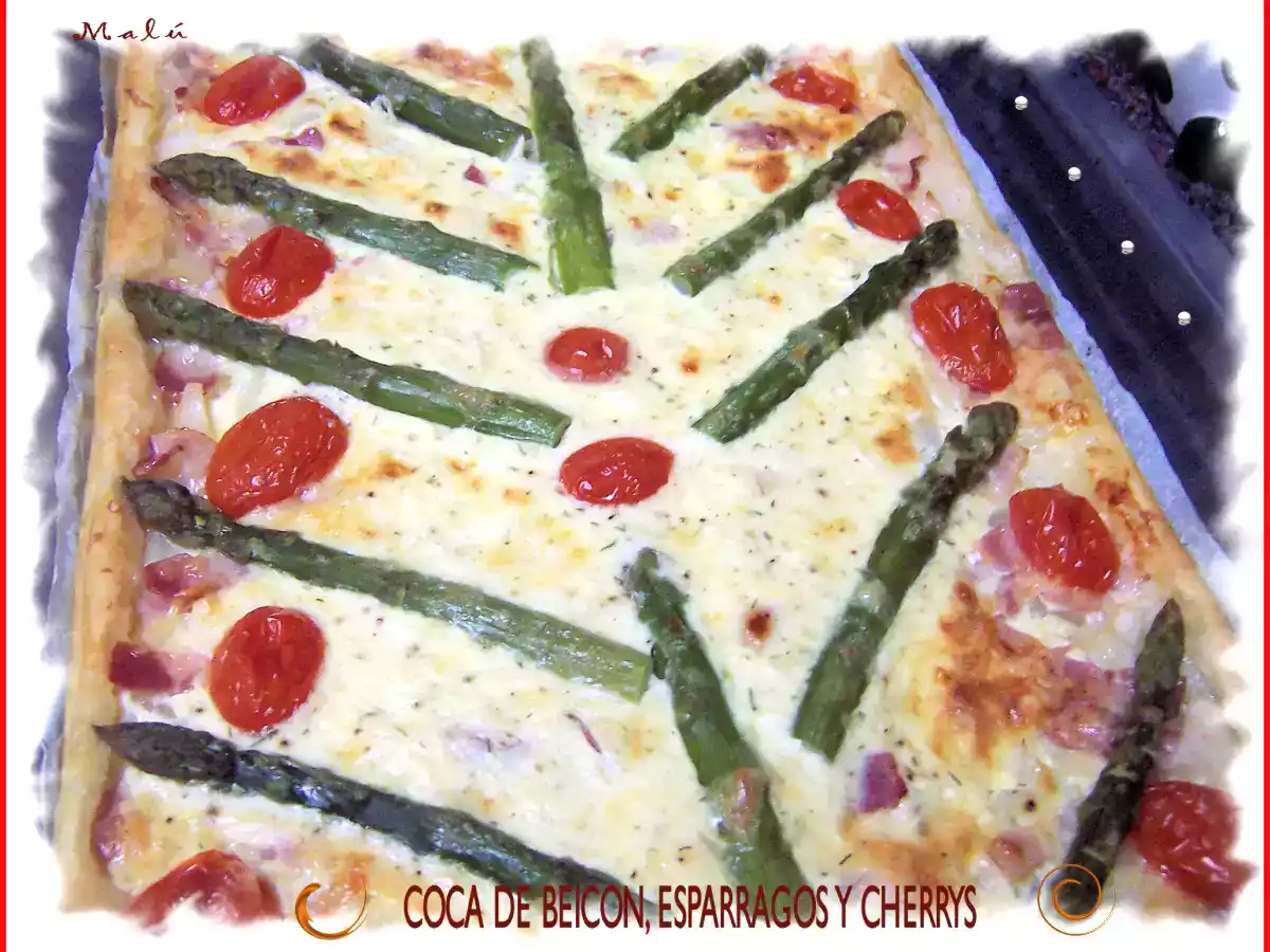 COCA DE BEICON, ESPARRAGOS Y CHERRYS