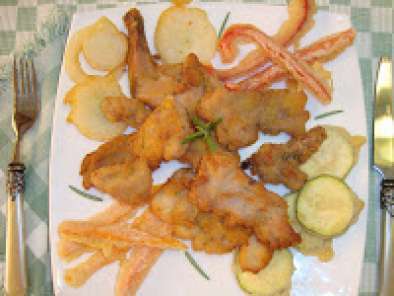 Conejo empanado y tempura de hortalizas