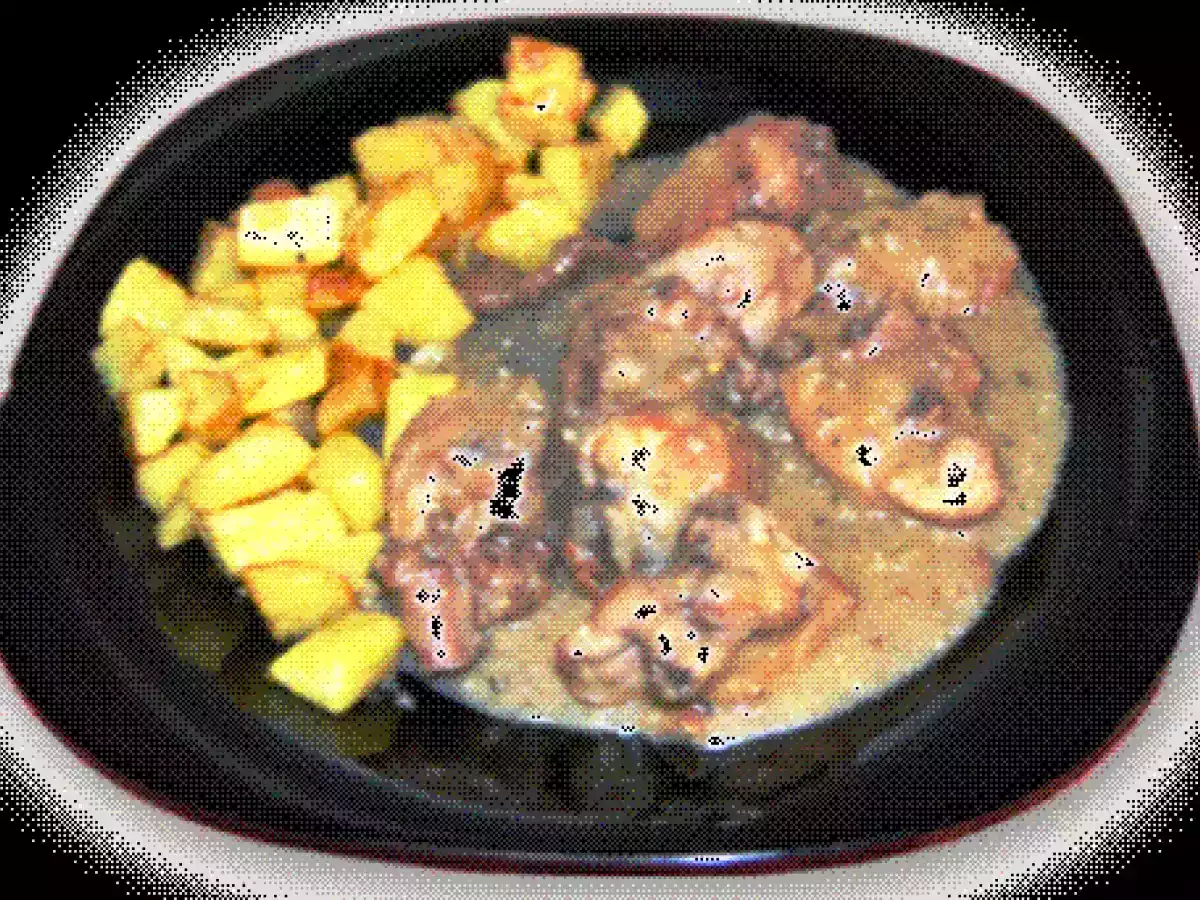 Conejo guisado con salsa de foie y coñac