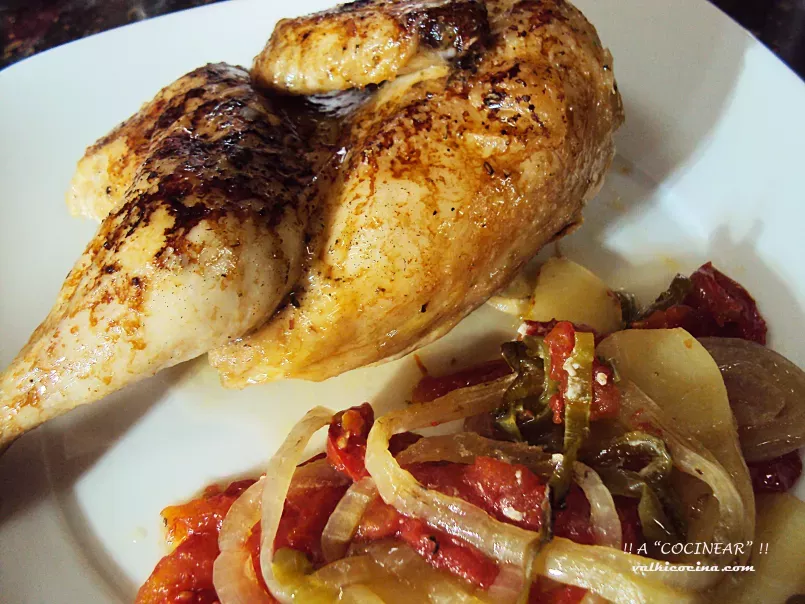 Coquelet o pollo tomatero al horno con guarnicion, foto 5