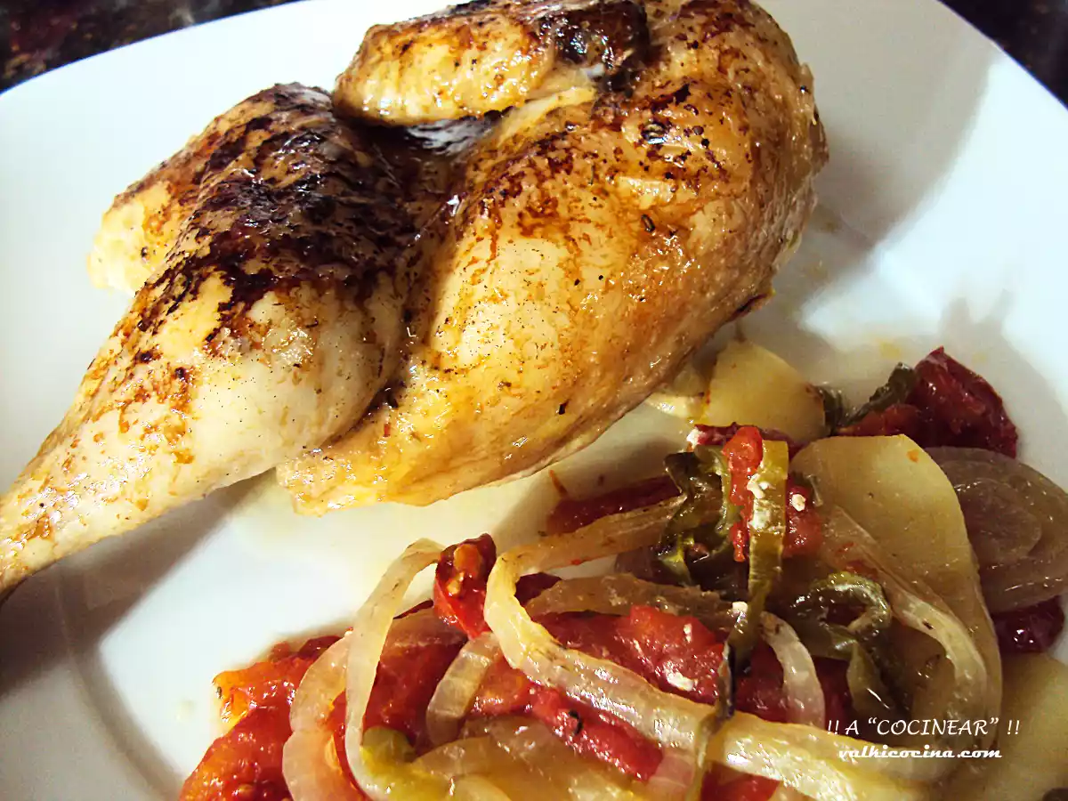 Coquelet o pollo tomatero al horno con guarnición - foto 5