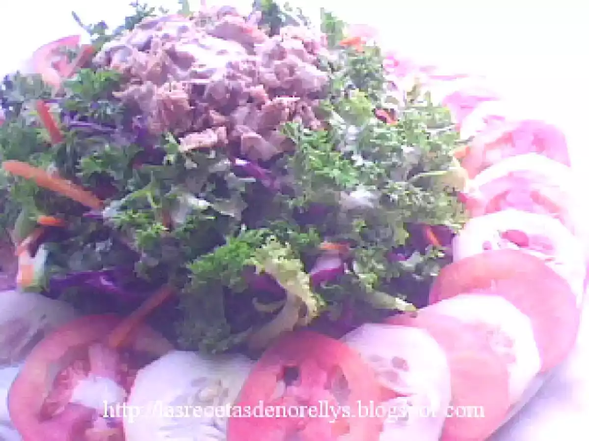 Ensalada de lechuga rizada, vegetales frescos y atún - foto 2