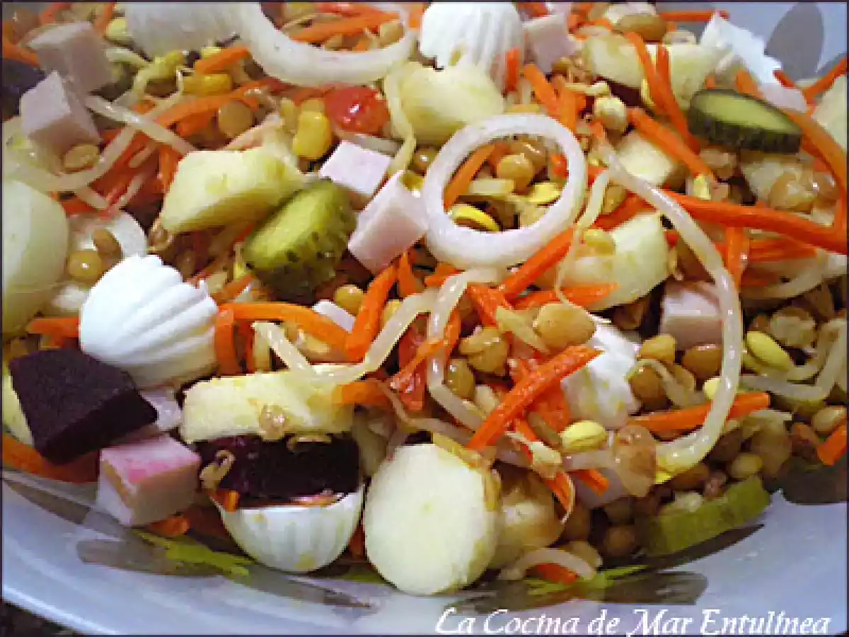 Ensalada de lentejas, pavo y burguitos