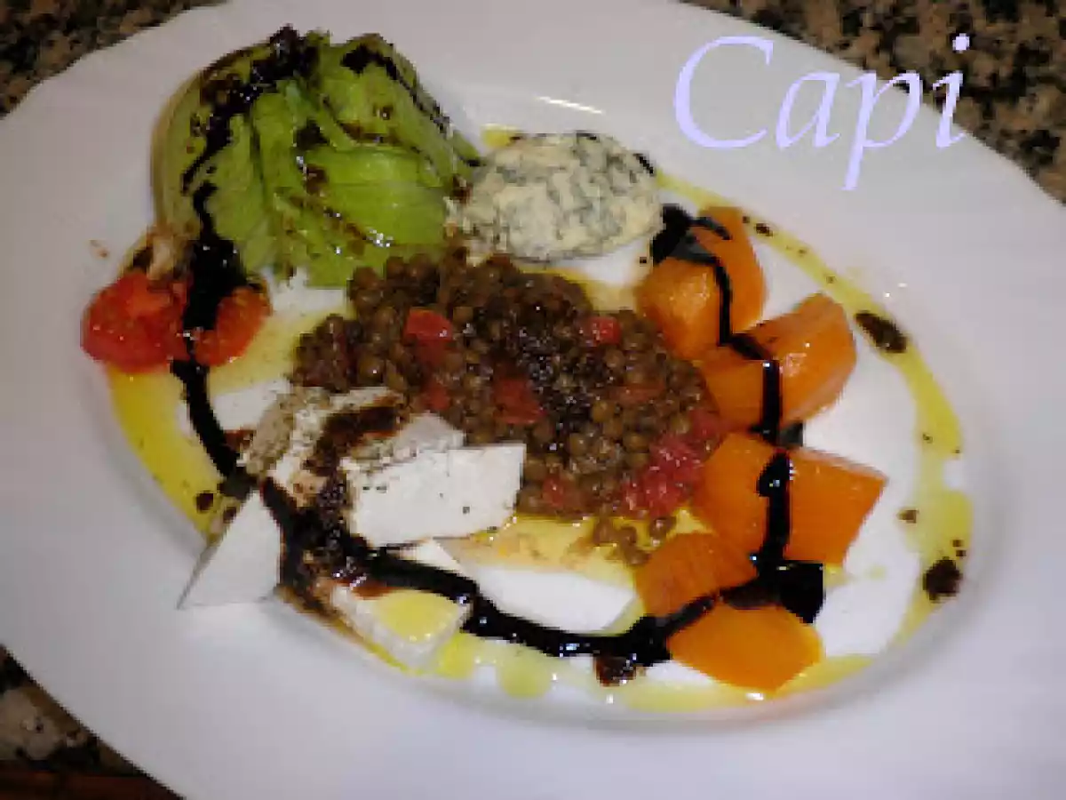 ENSALADA TEMPLADA DE LENTEJAS Y DOS QUESOS.