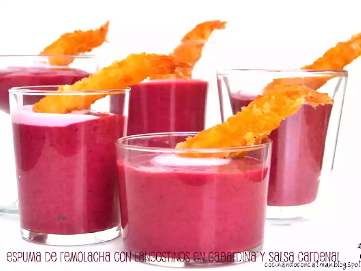 Espuma de remolacha con Langostinos en gabardina y Salsa cardenal (con Thermomix)