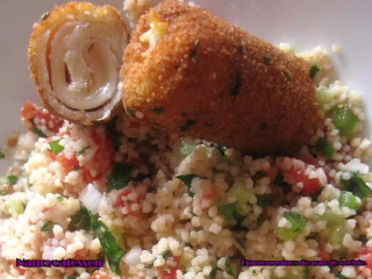 Flamenquines de pan de molde y tabule, taboule