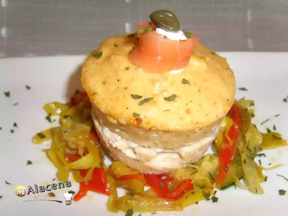 Flan de salmón con relleno de anchoas y queso crema
