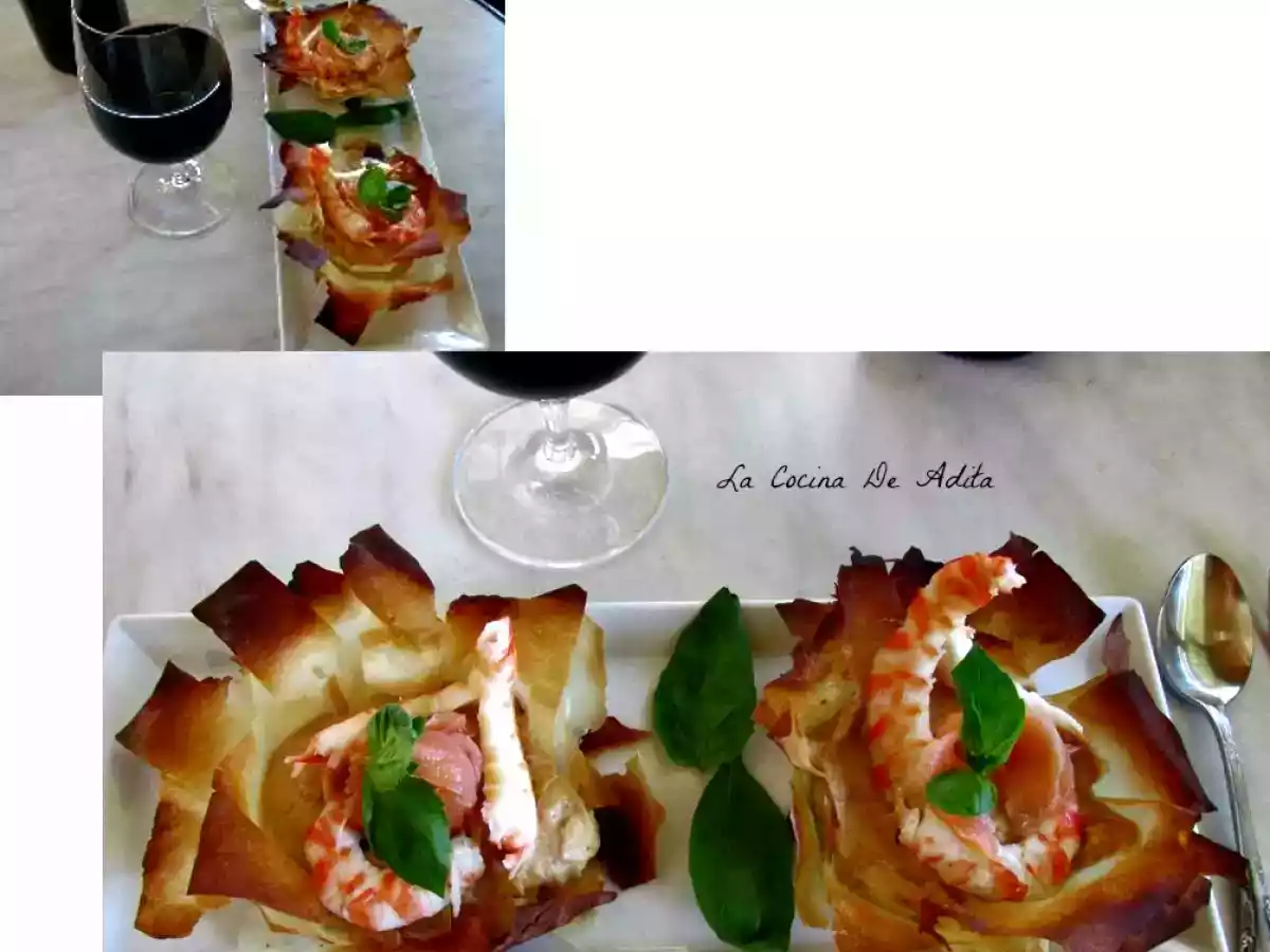 Flores de pasta filo con langostinos
