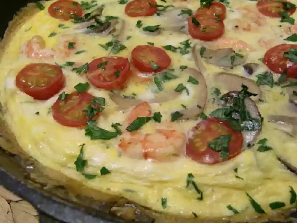 Frittata de gambas, champis y tomates cherry - foto 2
