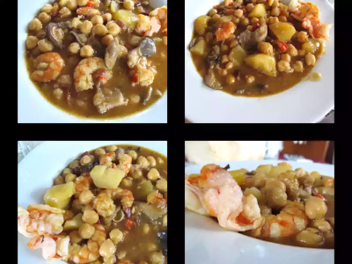GARBANZOS CON JAMON, GAMBAS Y SETAS
