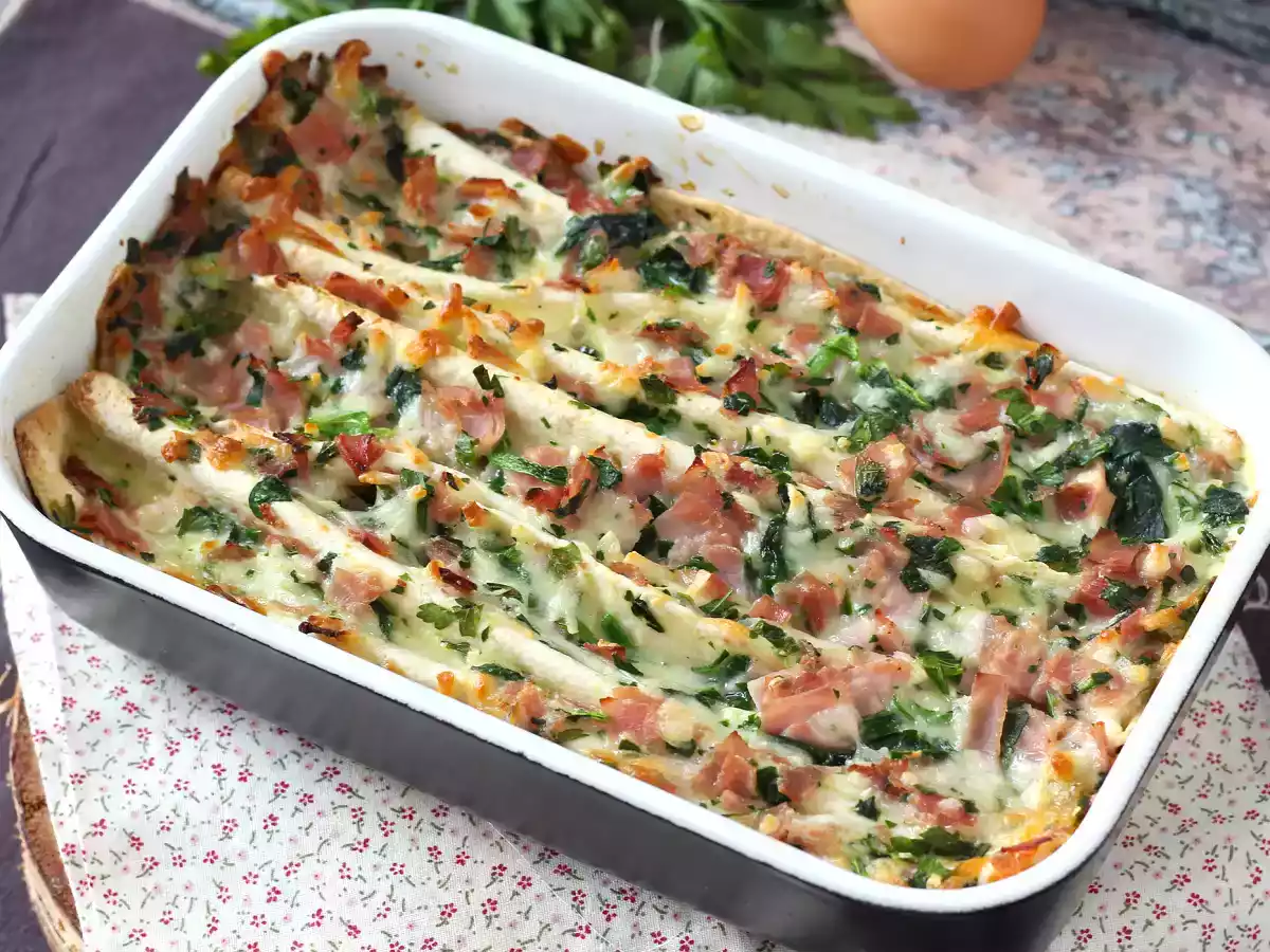Gratinado de tortillas con jamón, espinacas y mozzarella, al estilo crinkle cake - foto 3