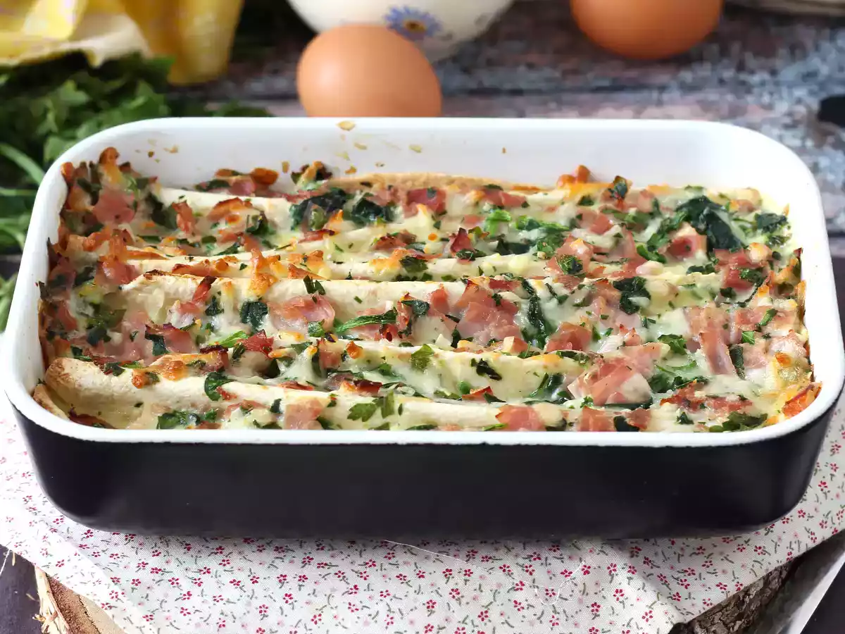 Gratinado de tortillas con jamón, espinacas y mozzarella, al estilo crinkle cake - foto 7