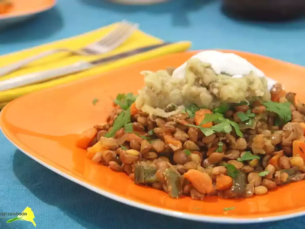 Guiso de lentejas con berenjena asada
