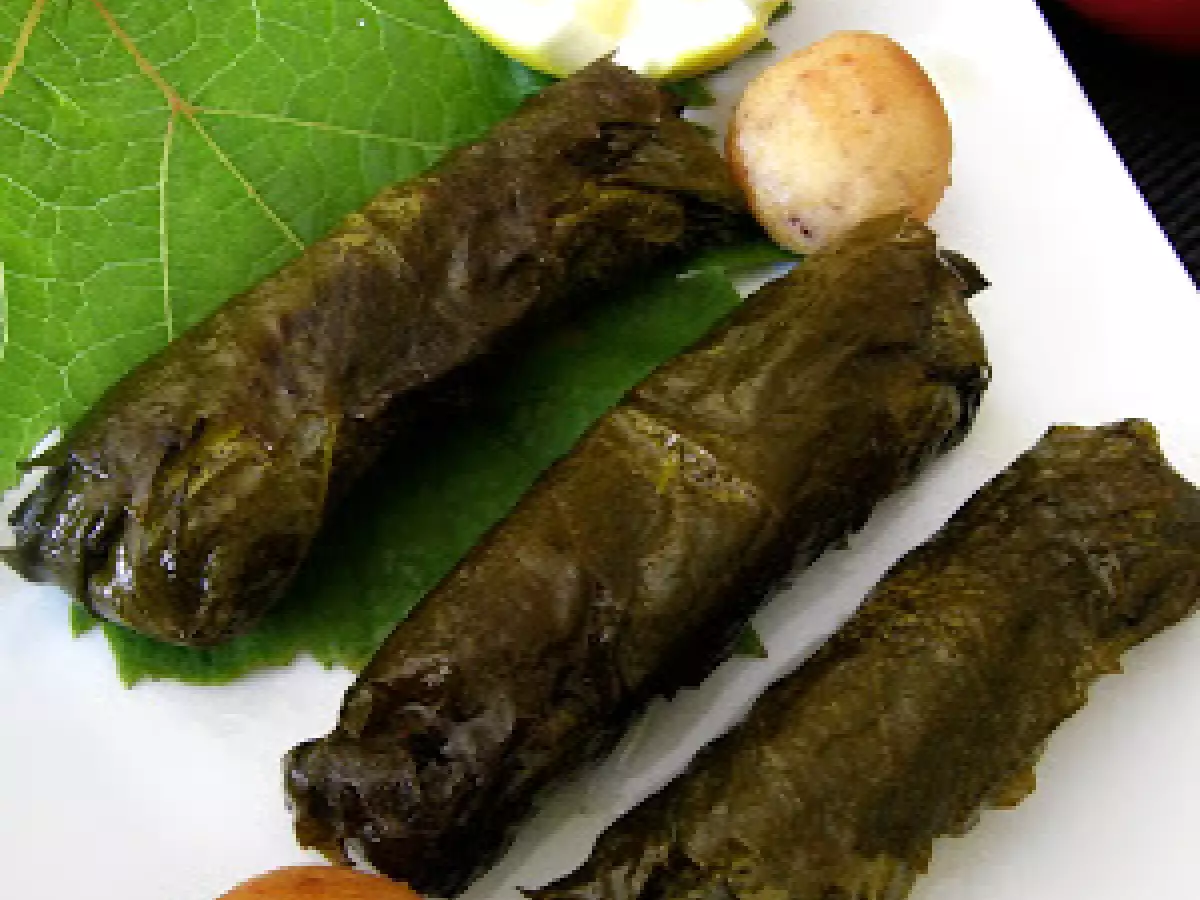 Hojas de parra rellenas de arroz y carne al curry.