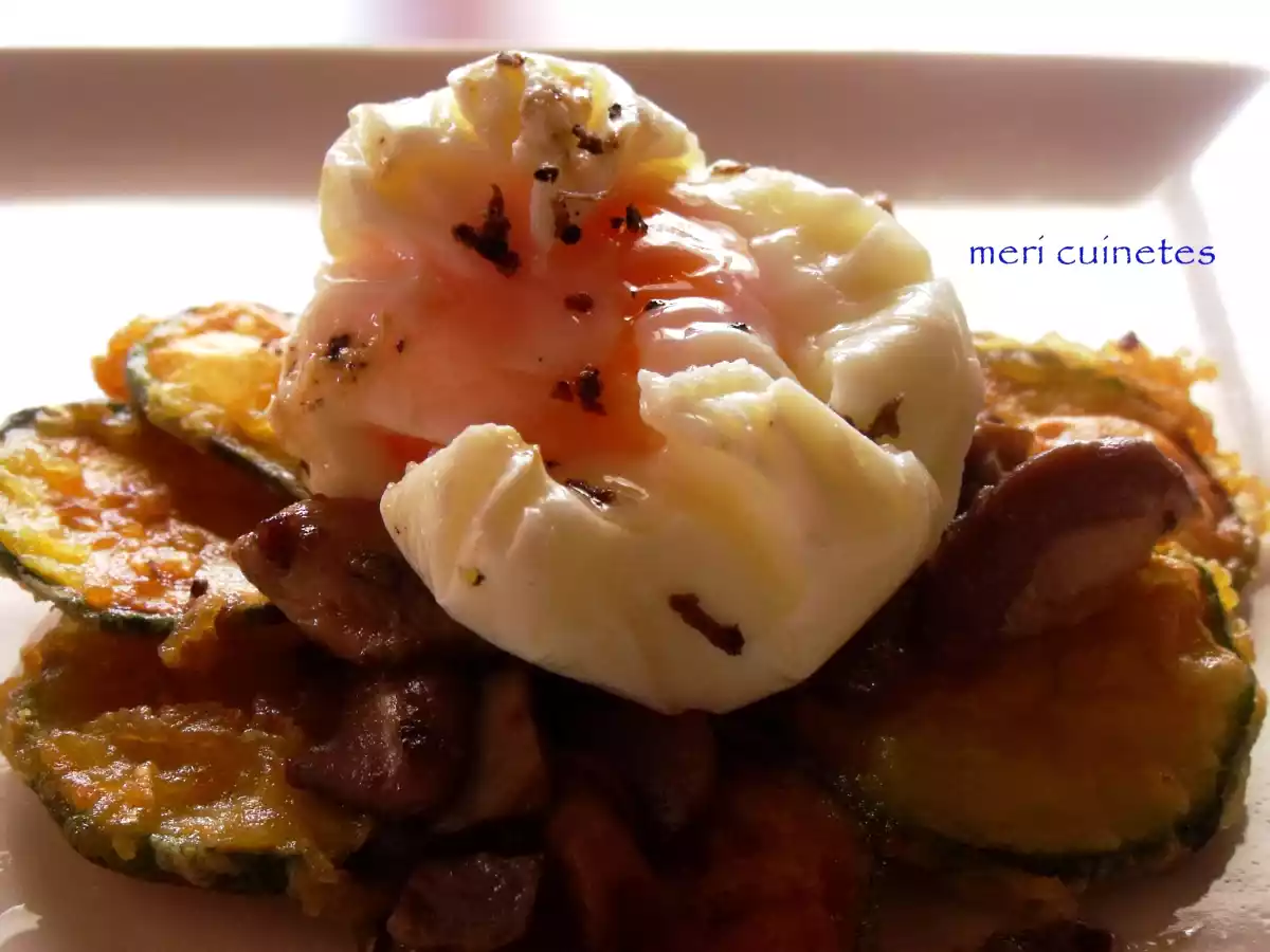 Huevo poché con trufa, cama de calabacines y nido de setas