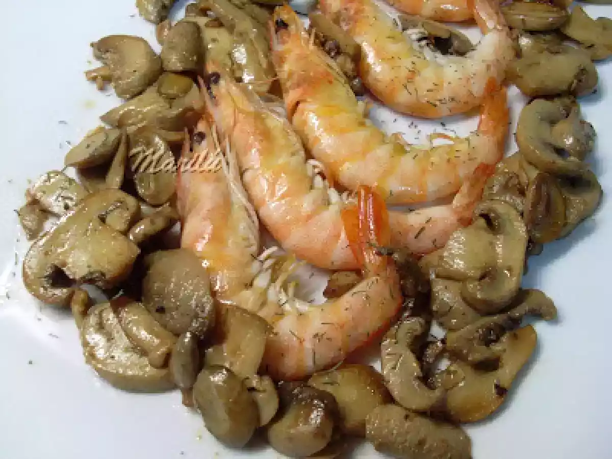 LANGOSTINOS CON CHAMPIÑONES AL ARMAGNAC