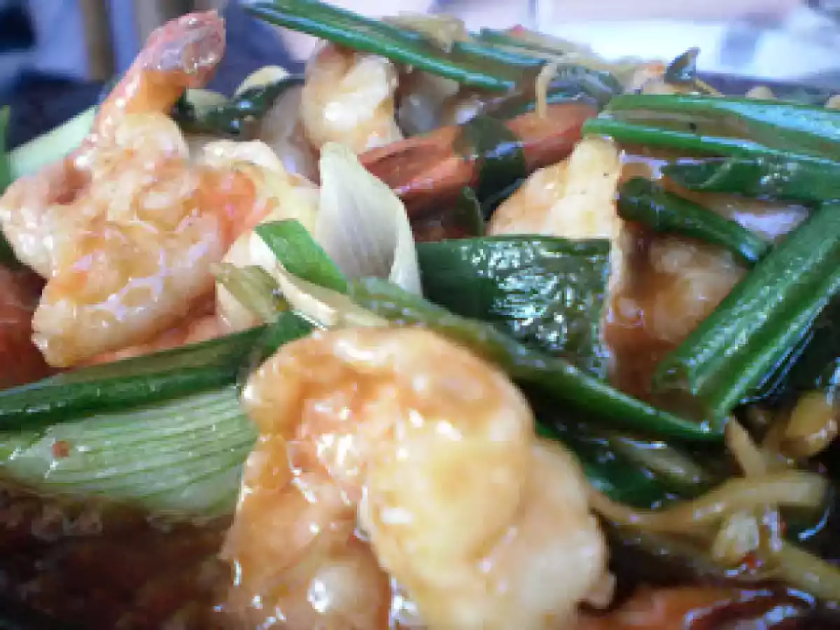 Langostinos con jengibre y cebolleta a la plancha